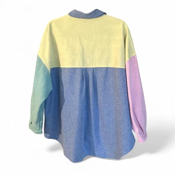 Fantastic Fawn Unique Colorblock Denim Shirt Oversized Pastel Patchwork sz M - Picture 4 of 8
